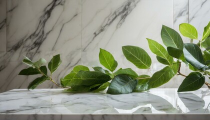 plant in a pot wallpaper ornate vase and lush foliage gracefully displayed on a gleaming white marble tabletop, complemented by a seamless white marble background,