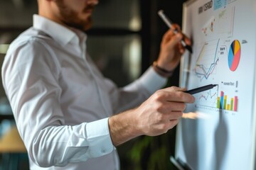 Professional man writes on flipchart with marker in one hand in office, real picture