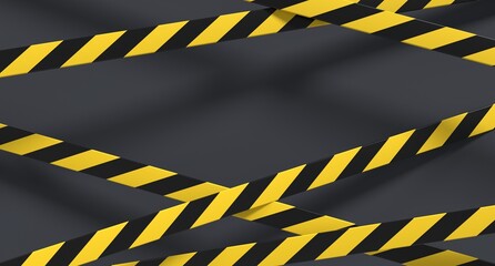 Warning tape and police line. Black and yellow line striped. Warning danger tape. Restriction tapes 3d rendering