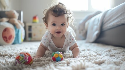 cute baby playing with toys, modern bedroom, shot with Canon EOS 5D mark IV camera, natural face,