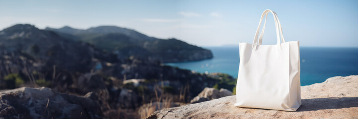 Banner with Blank white cotton tote bag shopper mock-up on the beach, blue sea in the background with copy space for text. Template for eco friendly branding and summer promotions