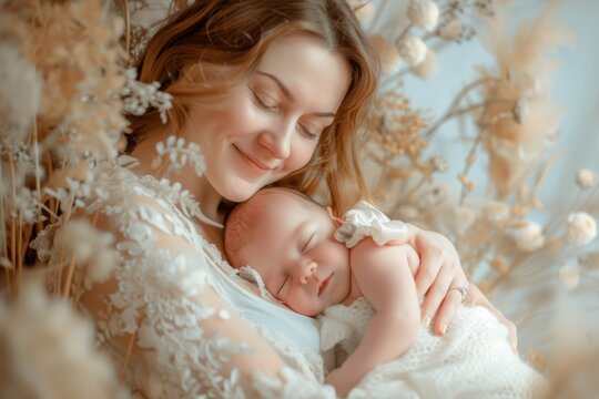 realistic photo of a elegant mom hugging a new born baby, bright background, hygge style, smile happily
