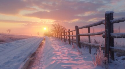 view of a snowy road with fences during a sunset on a cloudy day