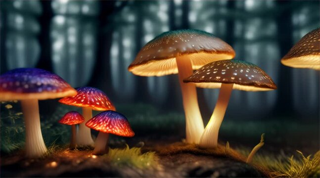 Mushrooms thrive in the autumn forest, surrounded by lush greenery, moss, adding a pop of color to the serene woodland scene