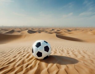 Football ball resting on the desert dunes. Concept: football in the Arab world - 742698316