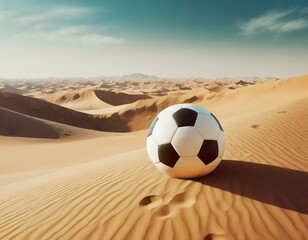 Football ball resting on the desert dunes. Concept: football in the Arab world - 742698318