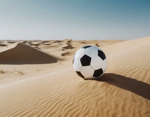 Football ball resting on the desert dunes. Concept: football in the Arab world - 742698319