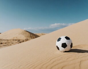 Football ball resting on the desert dunes. Concept: football in the Arab world - 742698322