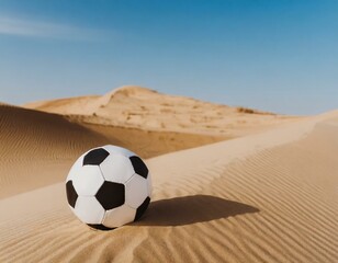 Football ball resting on the desert dunes. Concept: football in the Arab world - 742698326
