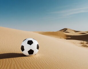 Football ball resting on the desert dunes. Concept: football in the Arab world - 742698330
