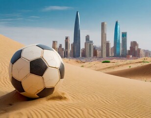 Football ball resting on the desert dunes and in the background a modern metropolis.Concept: football in the Arab world - 742698334