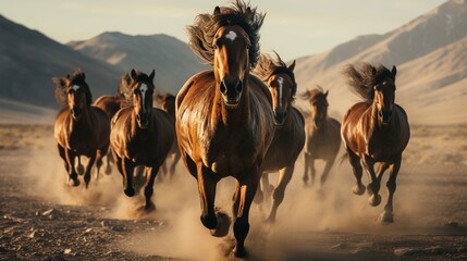 Herd of Horses Running Across a River - obrazy, fototapety, plakaty