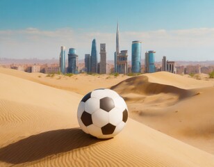 Football ball resting on the desert dunes and in the background a modern metropolis.Concept: football in the Arab world - 742698346