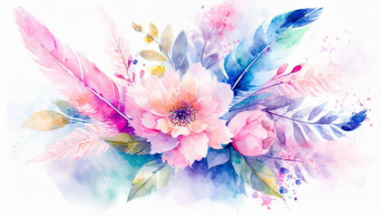 Watercolor vintage floral composition Pink and blue Floral Bouquet Flowers and Feathers Isolated.