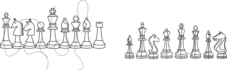 Single one line drawing chess pieces aligned, luxury hand drawn or engraving