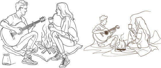 Man playing guitar and woman drinking hot tea getting warm near bonfire sitting on ground. One line draw design vector illustration
