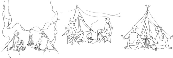 Single continuous line drawing camping couple around campfire tents