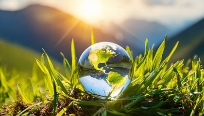 Glass Globe On Grass Moss In Forest - Green Planet With Abstract Defocused Bokeh Lights -...