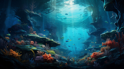Fototapeta na wymiar Mystical Underwater Landscape with Sunlight