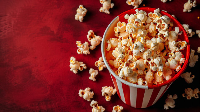 Striped box with popcorn on red background