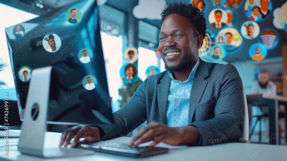 Wall mural a happy sales manager at his computer with a cloud collage of happy people looking at their smartphone above him.