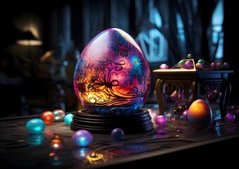 Fototapeta premium Colorful easter eggs in a wooden bowl on a black background. Painted Easter eggs on a table in a dark room. Easter concept.. Generative AI