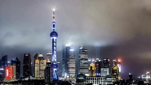 Beautiful cinemagraph effect with animated picture and Downtown Shanghai at Night _ Shanghai, China