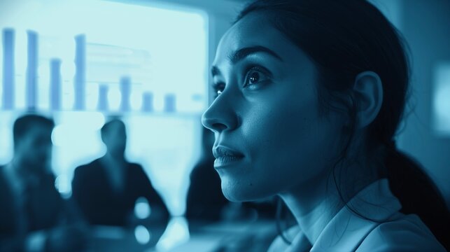 Transform leadership, mixed race Latino American confident businesswoman’s face overlaid with an office Meeting employees showing graph chart financial below background 