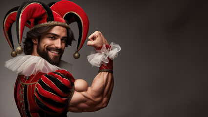 A smiling man wearing a jester joker costume and flexing his bicep muscle on plain background