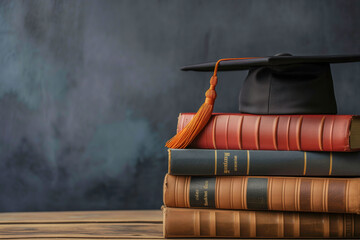 Front view of stacked books, a graduation cap, and a diploma for education day concept background.