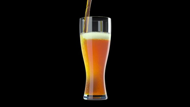 Beer pouring into an aesthetic curvy beer glass in studio lighting fully isolated with an alpha channel