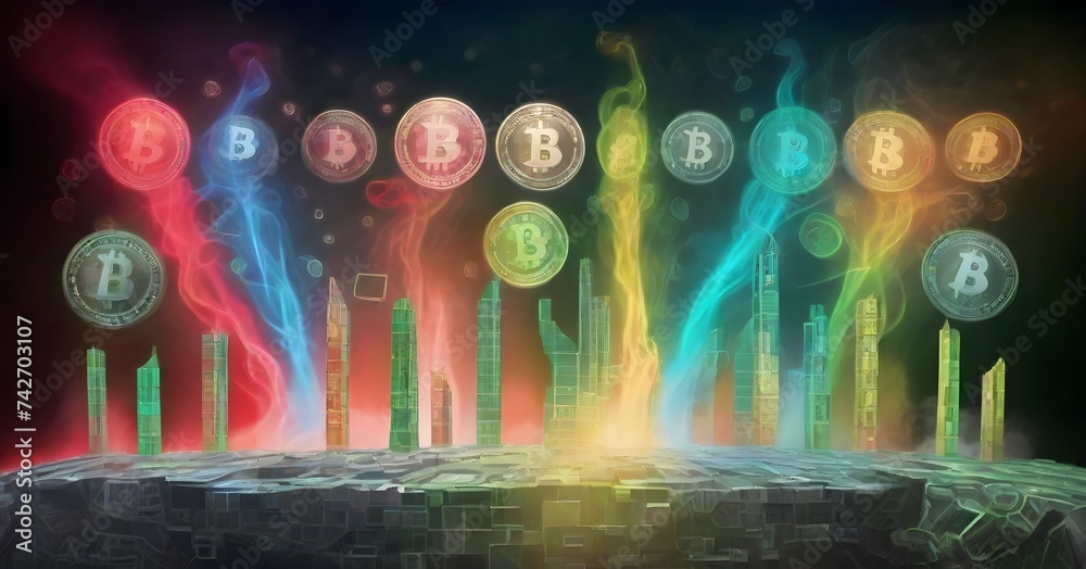 Poster a mesmerizing art display of bitcoins floating in a circle, illuminated by visual effect lighting on