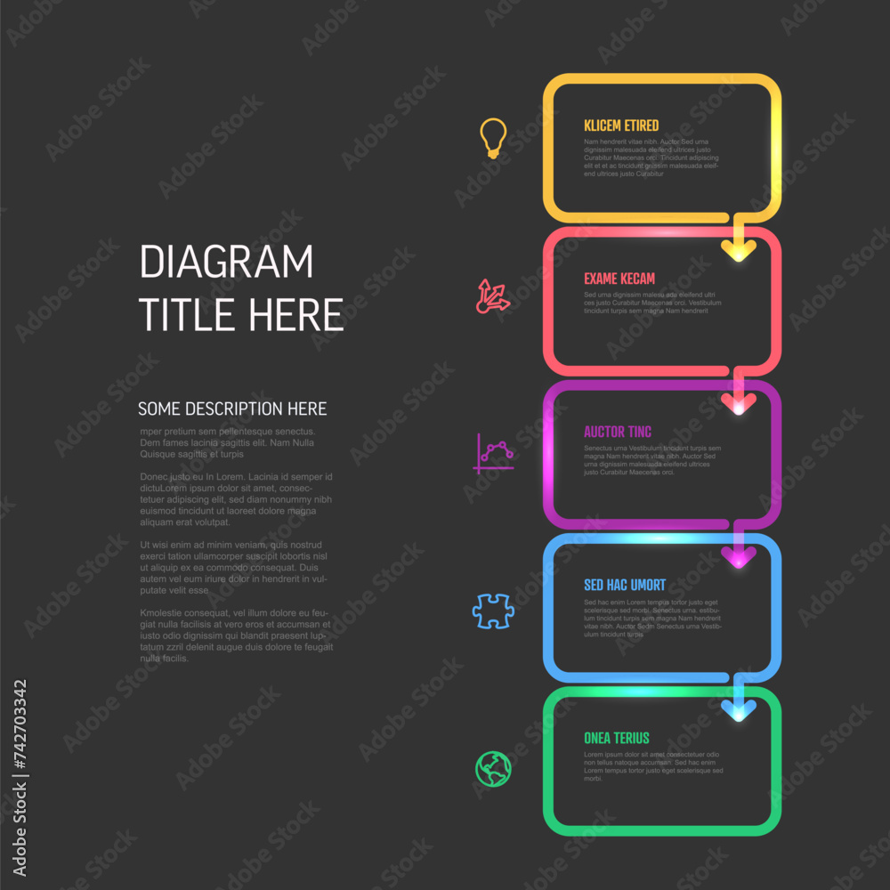 Poster minimalistic five steps dark vertical elements template with rounded rectangles