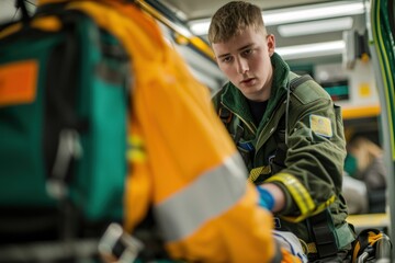 Fototapeta premium Photography of a paramedic during and emergency, unloading patient on oxygen from an ambulance