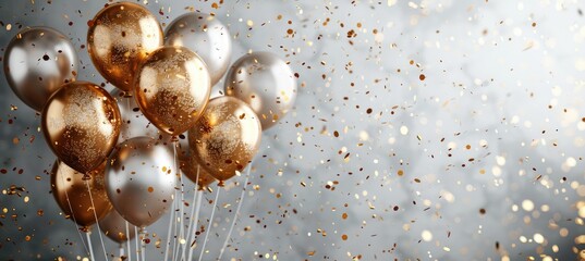 Gold balloons and sparkly confetti on a white background. Celebration