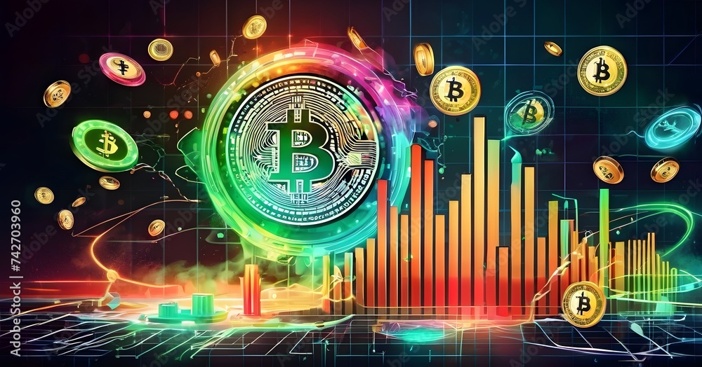 Poster a mesmerizing art display of bitcoins floating in a circle, illuminated by visual effect lighting on