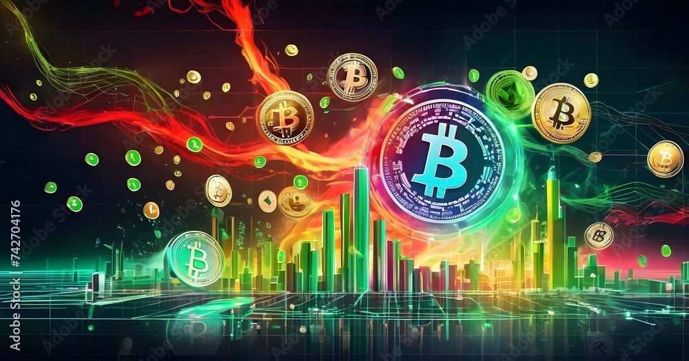 Poster a mesmerizing art display of bitcoins floating in a circle, illuminated by visual effect lighting on