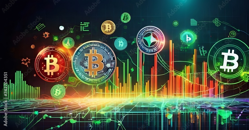 Poster a mesmerizing art display of bitcoins floating in a circle, illuminated by visual effect lighting on