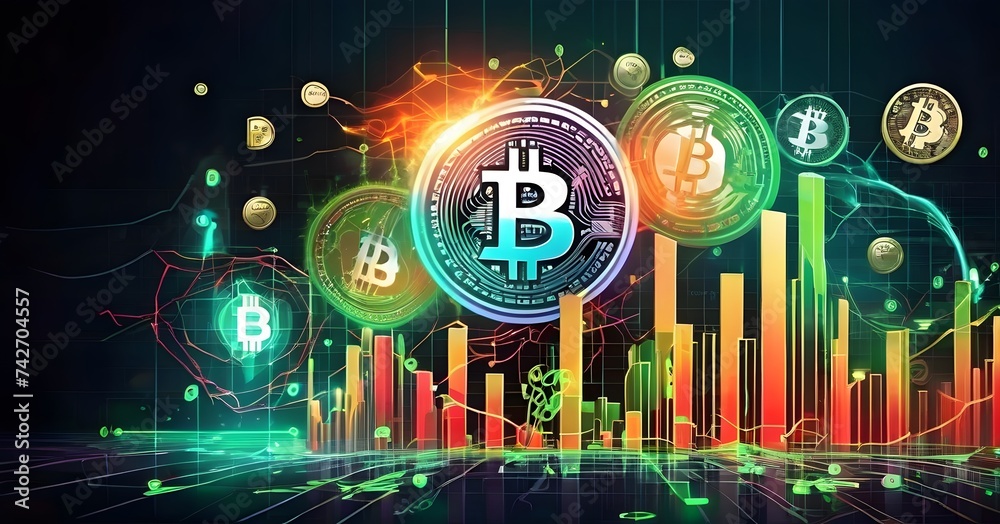 Poster a collection of bitcoins are displayed floating in the air on a vibrant background, creating an arti