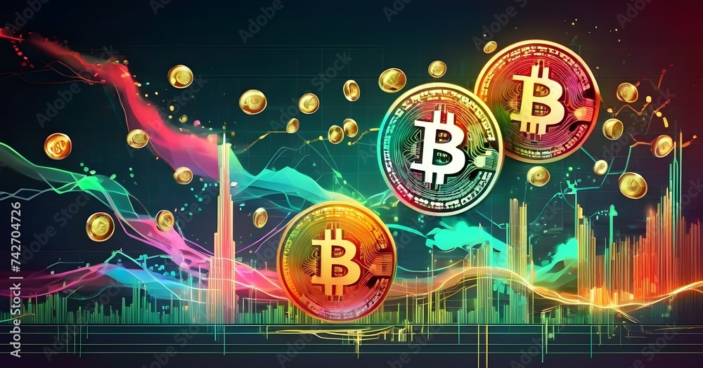 Poster a collection of bitcoins are displayed floating in the air on a vibrant background, creating an arti