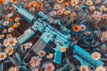A vibrant blue firearm stands out against a serene backdrop of blooming flowers in a peaceful outdoor setting