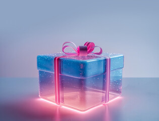 glowing gift box pink blue color, gift box with ribbon sweet color, translucent box vibrant magical box, mystery box banner background copy space
