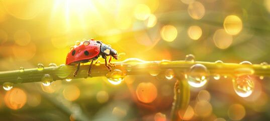 Naklejka premium Macro Magic, Raindrops Adorning Ladybug in Soft Morning Glow