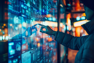 Person using a high-tech touchscreen display with futuristic graphics in a vibrant city environment at night..