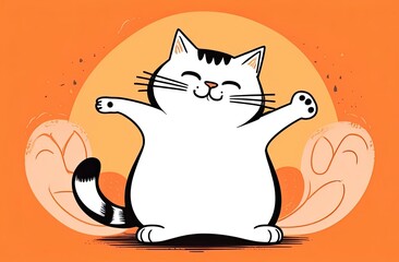 Orange color fat cat hand drawn illustration. line art, black outline. cute kitten cartoon character. doodle sketch. Suitable for print, posters, greeting cards.