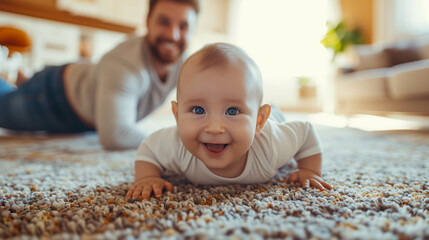 Happy young father helping his cute baby to crawl on floor at home - 742706586