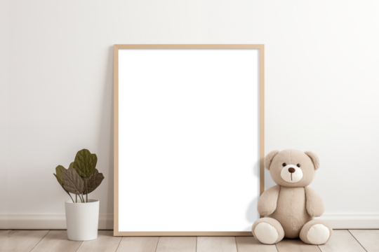 A mockup of a poster wooden frame on white wall with a teddy bear. Generative AI.