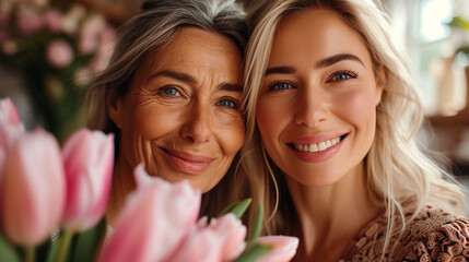 Happy mother's day! Beautiful young woman and her mother with flowers - 742707189