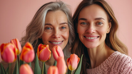 Happy mother's day! Beautiful young woman and her mother with flowers - 742707328