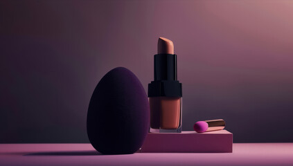 An empty bottle and a sponge are presented, showcasing dark tonality, sleek and stylized aesthetics, luminous quality, elegant use of negative space, and colors of dark violet and dark beige.